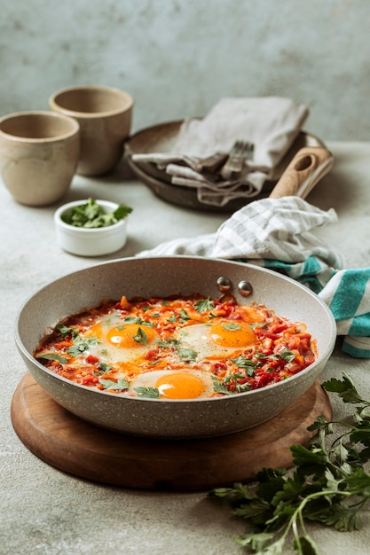 Smakelijke eiermaaltijd in pan hoge hoek