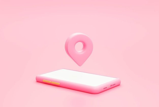 Smartphone en pin aanwijzer markeren locatie online levering transport logistiek concept op roze achtergrond 3d-rendering illustratie