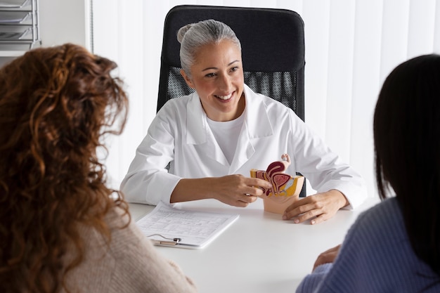 Smiley-dokter met hoge hoek die anatomie uitlegt