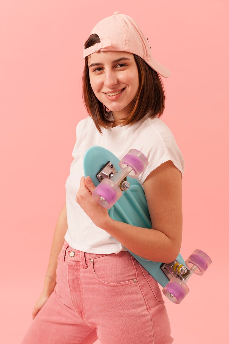 Gratis Foto smileymeisje met glb-holdingsskateboard