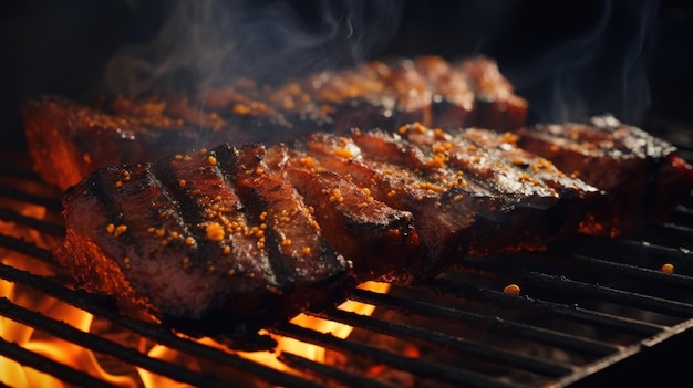 Gratis foto smoky ribs sizzle over open vlam op de grill