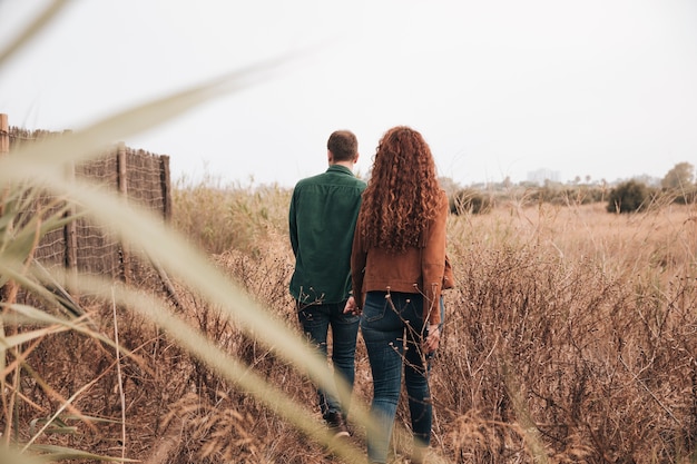 Gratis foto snak schot paar dat door tarwegebied loopt