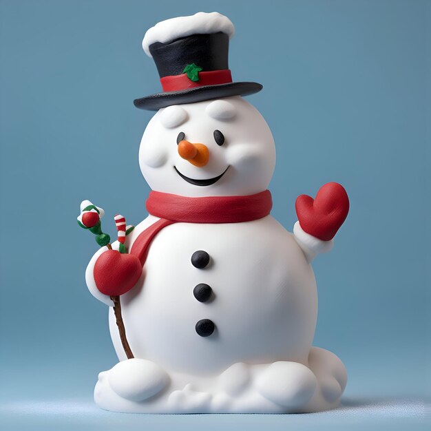Sneeuwpop met rode sjaal en muts op blauwe 3d illustratie als achtergrond