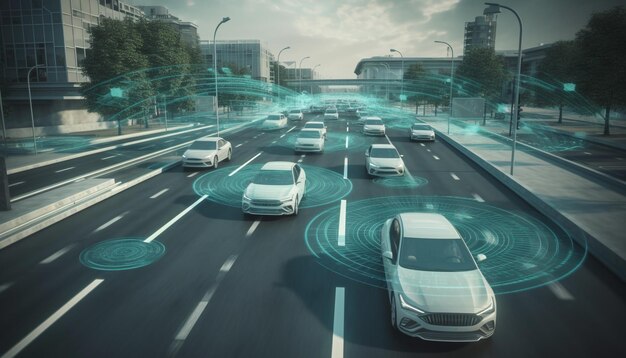 Snel rijdende auto's vervagen blauw in de moderne stadsdrukte gegenereerd door AI