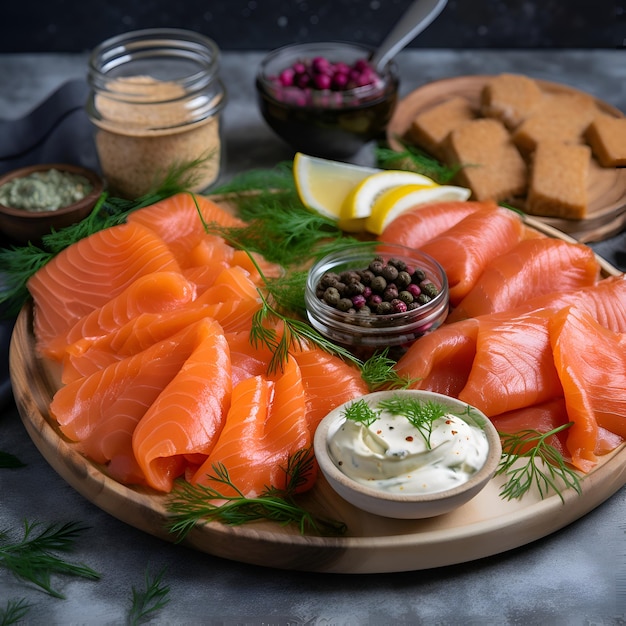 Snijden gerookte zalm met dille en saus op een houten bord