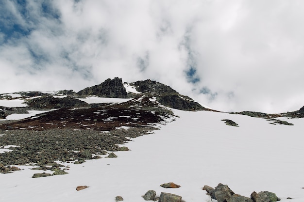 Snow-covered rotsen in de zomertijd in Zwitserse Alpen