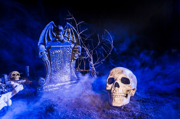 Sombere schedel geplaatst dichtbij grafsteen in mist op grond