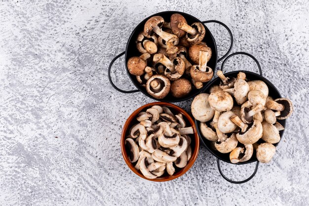 Sommige bruine en witte champignons met gesneden champignons in een kom en potten op grijze tafel