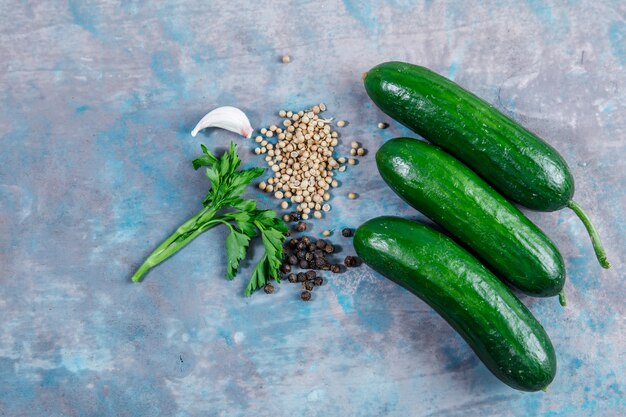 Sommige komkommer met knoflook, bladeren, bonen, zwarte peper, op gestructureerd oppervlak, bovenaanzicht.