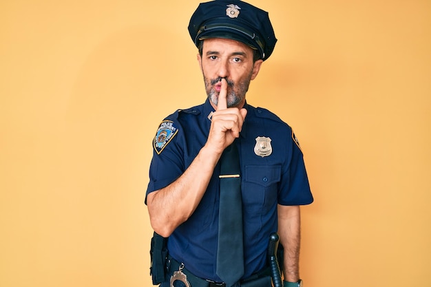 Spaanse man van middelbare leeftijd in politie-uniform die vraagt om stil te zijn met vinger op de lippen, stilte en geheim concept