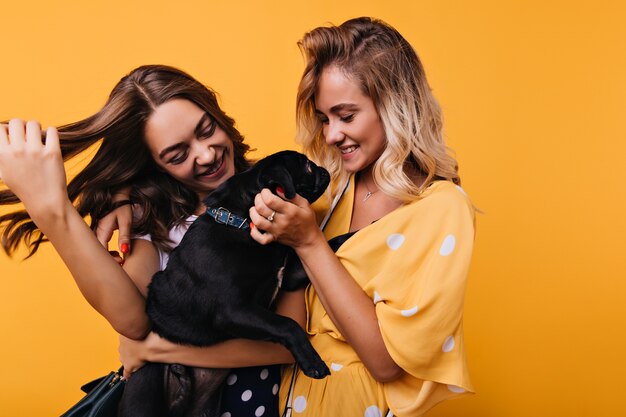 Spectaculaire jonge vrouw die met liefde naar haar hond kijkt. Prachtige meisjes spelen met schattige zwarte puppy en lachen op geel.