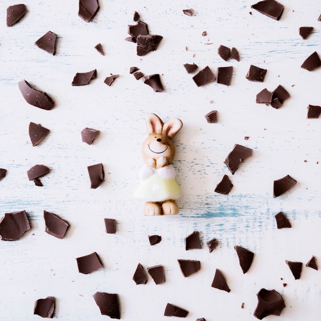 Speelgoedkonijn te midden van stukjes chocolade