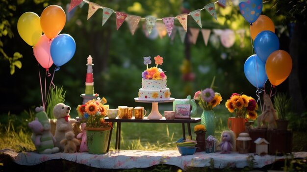 Speelse spelletjes op het verjaardagsfeestje op de achtergrond van de natuur