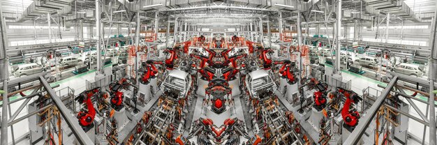 Spiegel Panoramische foto Autoproductielijn Lassen carrosserie Moderne auto-assemblagefabriek