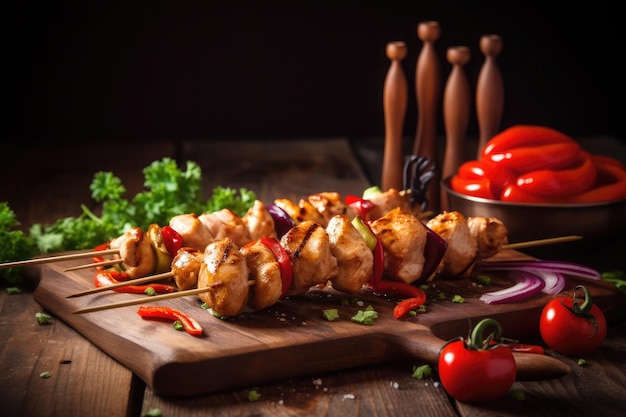 Spiesjes met vleeskebab en groenten op rustieke houten tafel Ai generatief