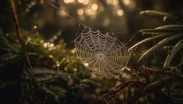 Spinnenweb glinstert in bedauwd herfstbos gegenereerd door AI