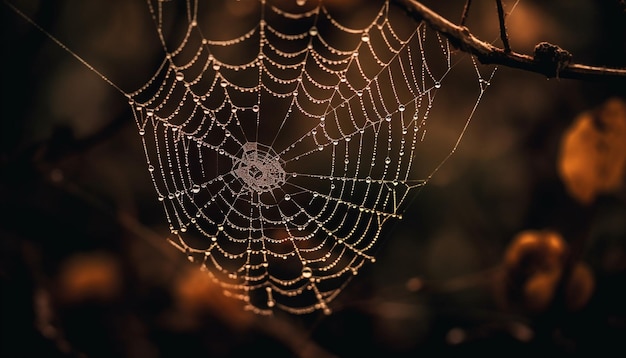 Spinnenweb glinstert in bedauwd herfstbos gegenereerd door ai