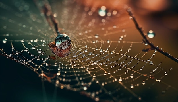 Spinnenweb glinstert met dauwdruppels buiten gegenereerd door AI