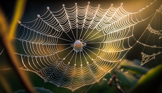 Spinnenweb vangt dauwdruppel op generatieve AI van bladeren