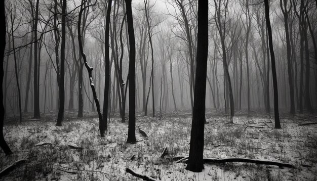 Spookachtig boomstamsilhouet in mysterieuze mist gegenereerd door AI