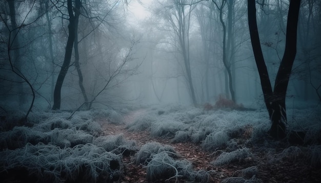 Spookachtig bosmysterie Horror schuilt in duisternis gegenereerd door AI