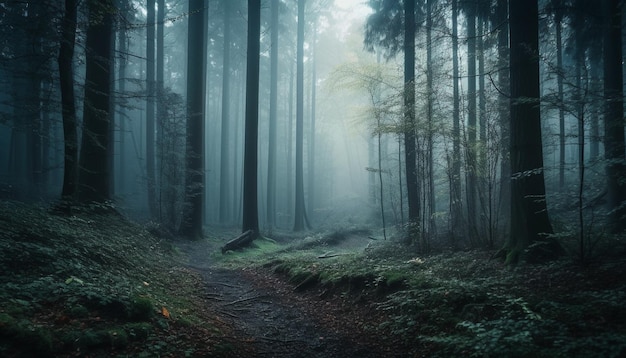 Gratis foto spookachtig bospad leidt naar mysterie dat niet is gerealiseerd door ai