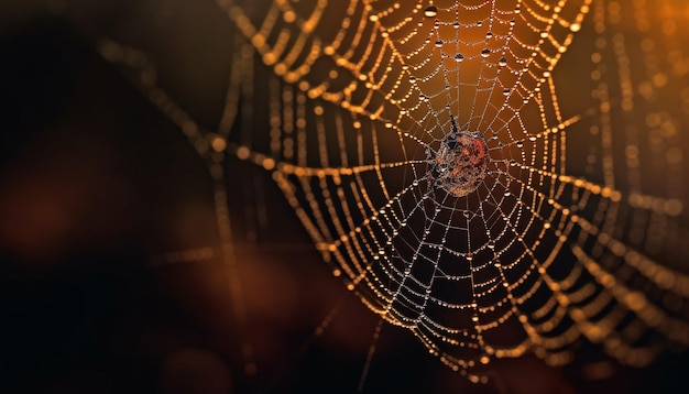 Gratis foto spookachtig spinnenweb vangt dauwdruppels buiten op, gegenereerd door ai