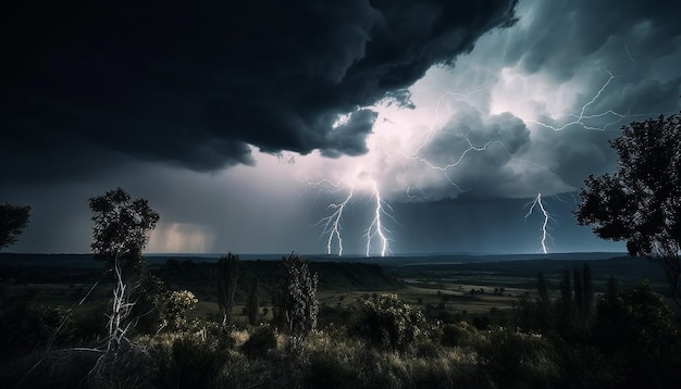 Spookachtige elektriciteit verlicht dramatisch onweerswolkenlandschap gegenereerd door AI