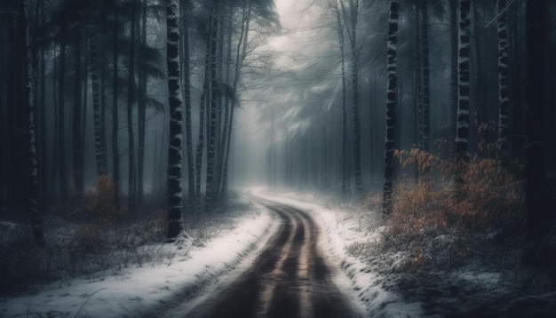 Gratis foto spooky forest mist verdwijnpunt mysterie nacht gegenereerd door ai