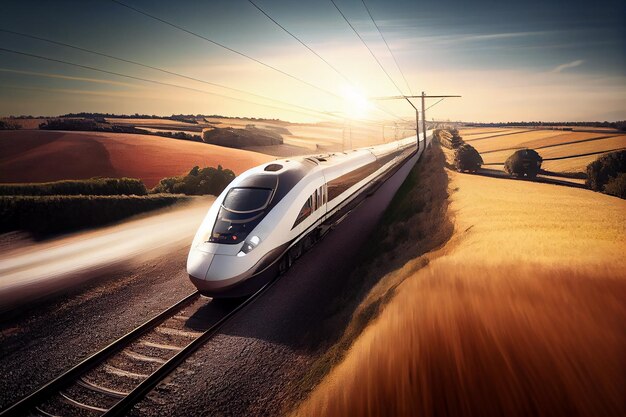 Spoorlijn transportsnelheid zonsondergang vervoermiddel beweging reizen buitenshuis generatieve AI