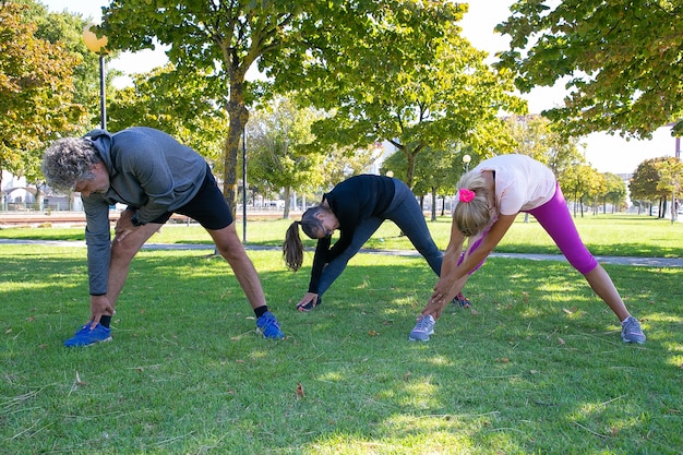 Sportieve volwassen mensen doen ochtendoefening in park, staande op gras en hengelsport lichamen. Pensioen of actief levensstijlconcept