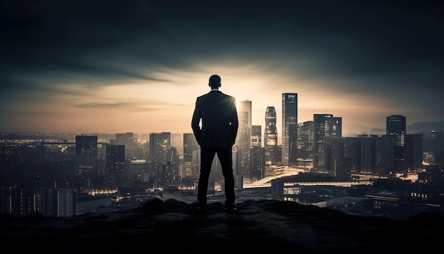 Gratis foto stad zakenman staande op wolkenkrabber terug verlichte silhouet gegenereerd door ai