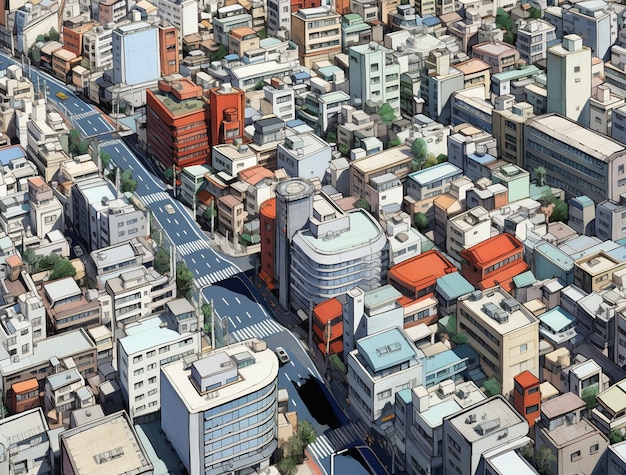 Gratis foto stadsbeeld van anime-geïnspireerd stedelijk gebied