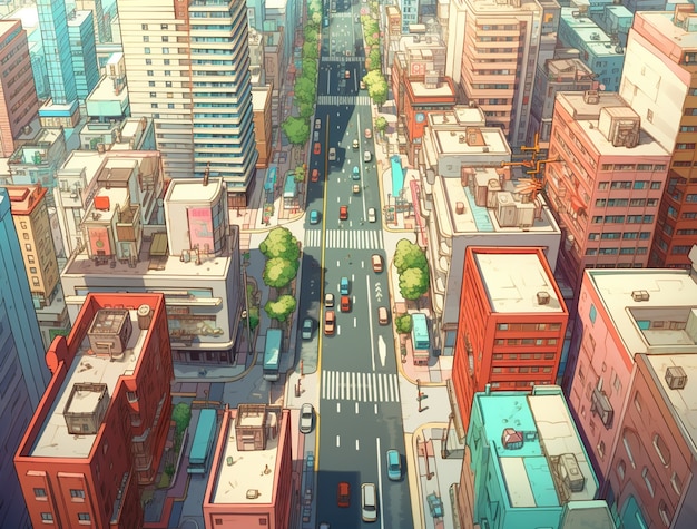 Gratis foto stadsbeeld van anime-geïnspireerd stedelijk gebied