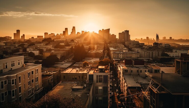 Gratis Foto stadsgezicht zonsondergang wolkenkrabber schemering architectuur skyline verlicht reizen gegenereerd door ai