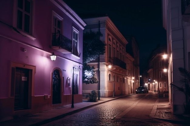 Stadsstraat met traditioneel huis en gloeiende paarse nachtverlichting generatieve ai