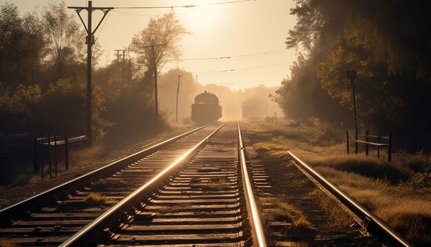 Stalen locomotief rijdt door verdwijnpunt zonsondergang gegenereerd door AI