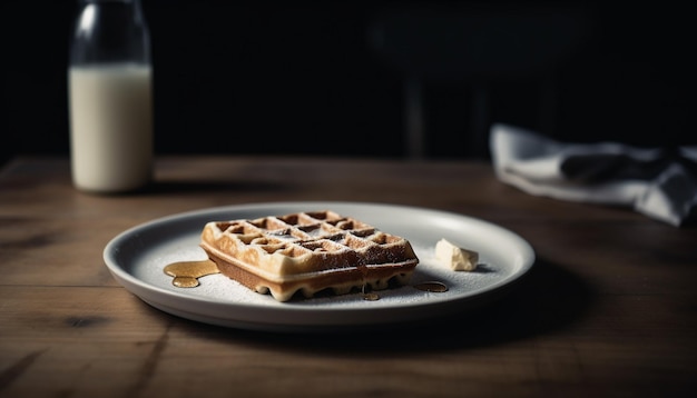 Stapel verse zelfgemaakte Belgische wafels gegarneerd met romige chocolade gegenereerd door AI
