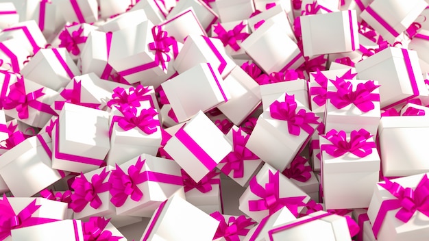 Gratis foto stapel witte geschenkdozen met roze linten