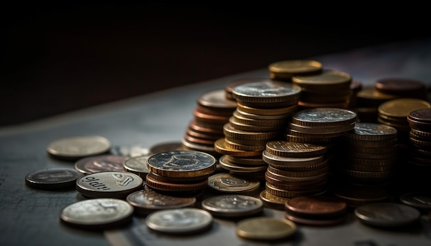 Stapels metalen munten symboliseren financieel succes gegenereerd door AI