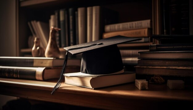 Stapels oude leerboeken op houten planken gegenereerd door AI