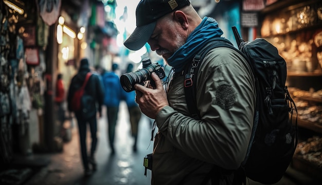 Stedelijke verkenning straattoeristenfotograaf die de generatieve ai van de stad verkent en vastlegt