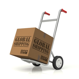 Steekwagen en wereldwijde verzending kartonnen doos, 3d-rendering
