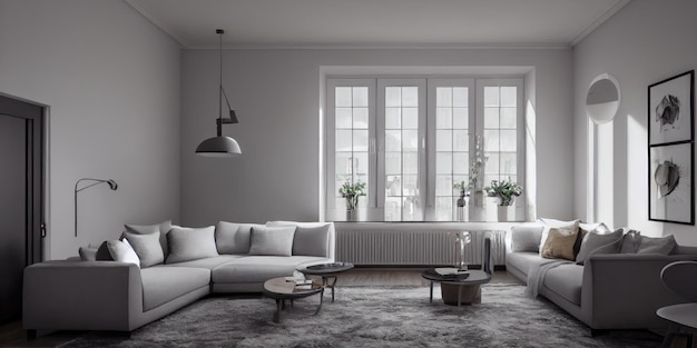 Stijlvolle scandinavische woonkamer met design mint sofa meubels mock up poster kaart planten en eleg