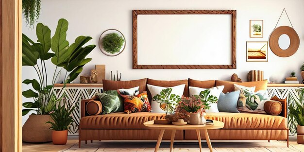 Stijlvolle scandinavische woonkamer met design mint sofa meubels mock up poster kaart planten en eleg