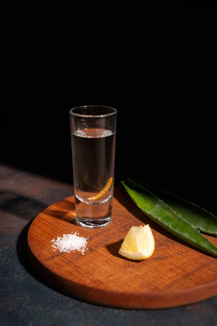 Gratis Foto stille leven van mezcal drank met maguey worm