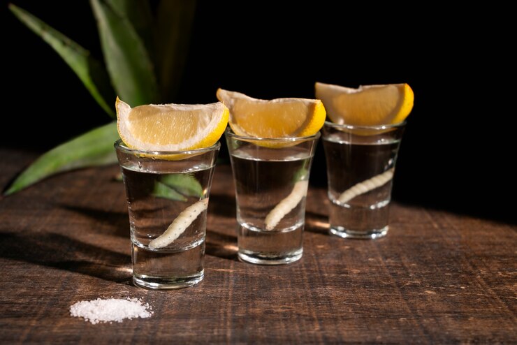 Gratis Foto stille leven van mezcal drank met maguey worm