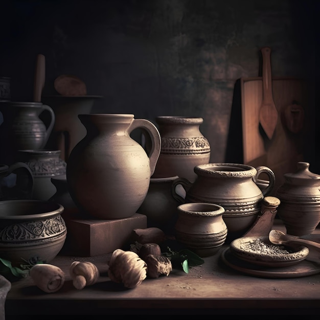 Stille natuur met klei potten en gebruiksvoorwerpen in rustieke stijl
