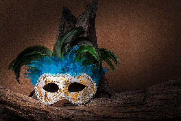 Stilleven schilderij fotografie met carnaval masker en hout