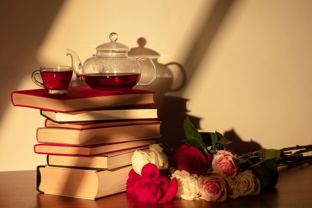 Stilleven van Sant Jordi voor de dag van boeken en rozen